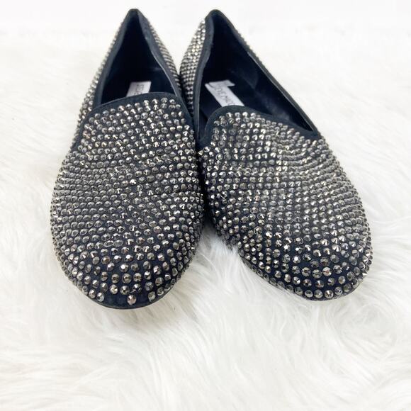 Steve Madden 7.5 M Womens Black Textile Conncord Rhinestone Stud  Smoking Flats - Picture 5 of 8